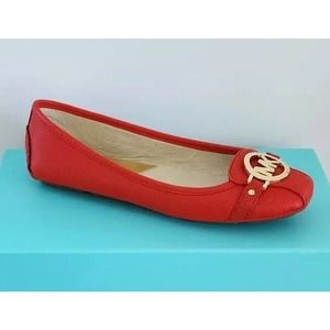Michael Kors Womens Fulton Moccasin Flats Orange Red Leather Gold MK Logo Sz 7.5